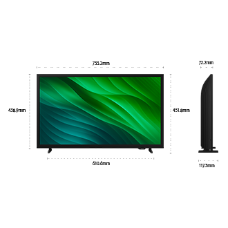 Dimension of Samsung HD TV H5000 screen only (733.2 x 438.9 x 72.2 mm). Height with Black Low Feet Stand (451.8 mm). Dimension of Black Low Feet Stand. (610.6 x 117.3 mm).