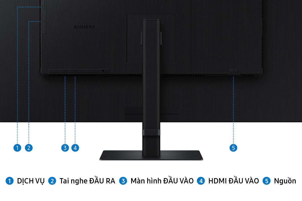 Các cổng kết nối của Samsung ViewFinity S70D bao gồm: DỊCH VỤ, Tai nghe RA, Display VÀO, HDMI VÀO, Nguồn.