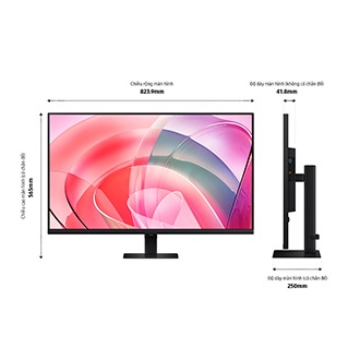 Kích thước của sản phẩm Samsung ViewFinity S70D 37 inch (823.9 x 565 x 250 mm) với chân đế màu đen, và độ dày màn hình 41.8 mm khi không có chân đế.