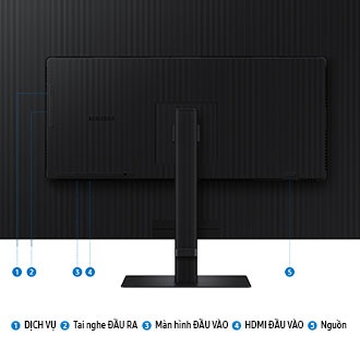 Các cổng kết nối của Samsung ViewFinity S70D bao gồm: DỊCH VỤ, Tai nghe RA, Display VÀO, HDMI VÀO, Nguồn.