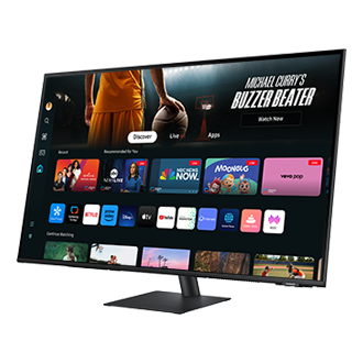 Góc nhìn phía trước bên phải của 43 inch Samsung Smart Monitor M70D với các ứng dụng Smart TV trên màn hình.