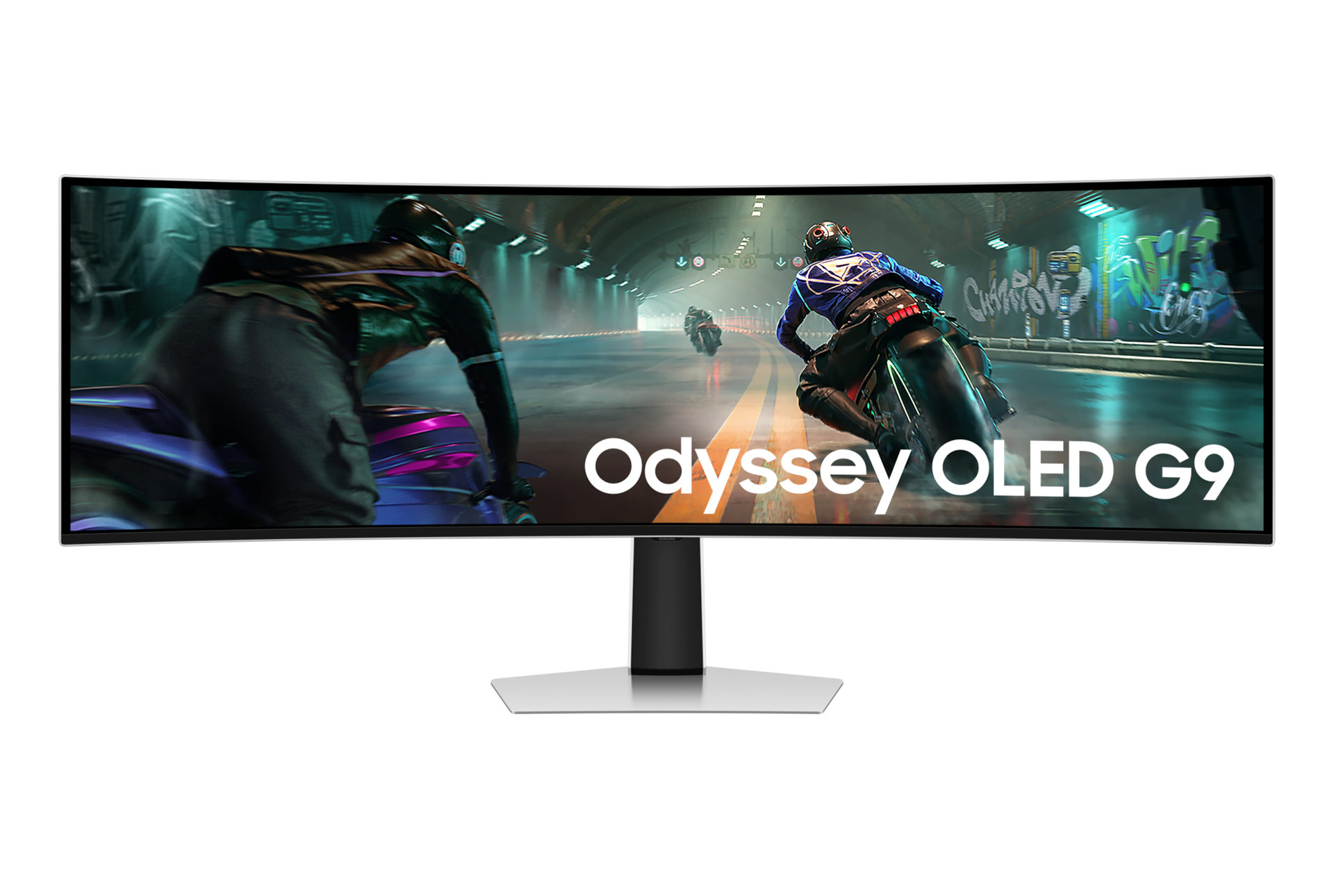 Mặt trước của Samsung Odyssey OLED G9 G91SD với hình ảnh những người đàn ông lái xe mô tô trên màn hình.