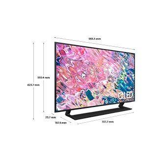 Kích thuớc của Samsung QLED TV Q60B (965.5 x 623.7 x 187.6 mm) và chân đế đen ở giữa