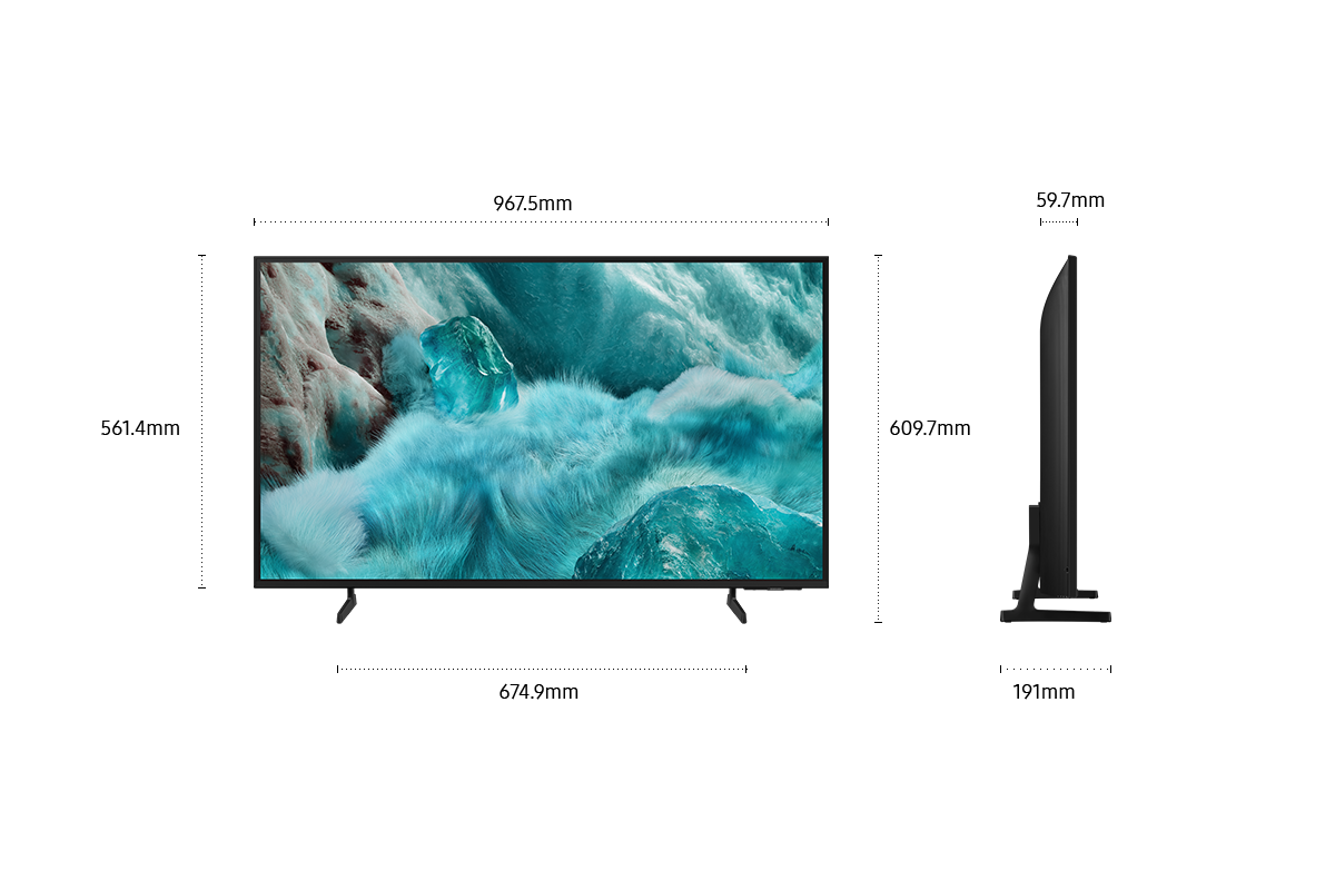 Dimension of Samsung QLED Q7F screen only (967.5 x 561.4 x 59.7 mm). Height with Black Flat Feet Narrow Stand (609.7 mm). Dimension of Black Flat Feet Narrow Stand. (674.9 x 191 mm).