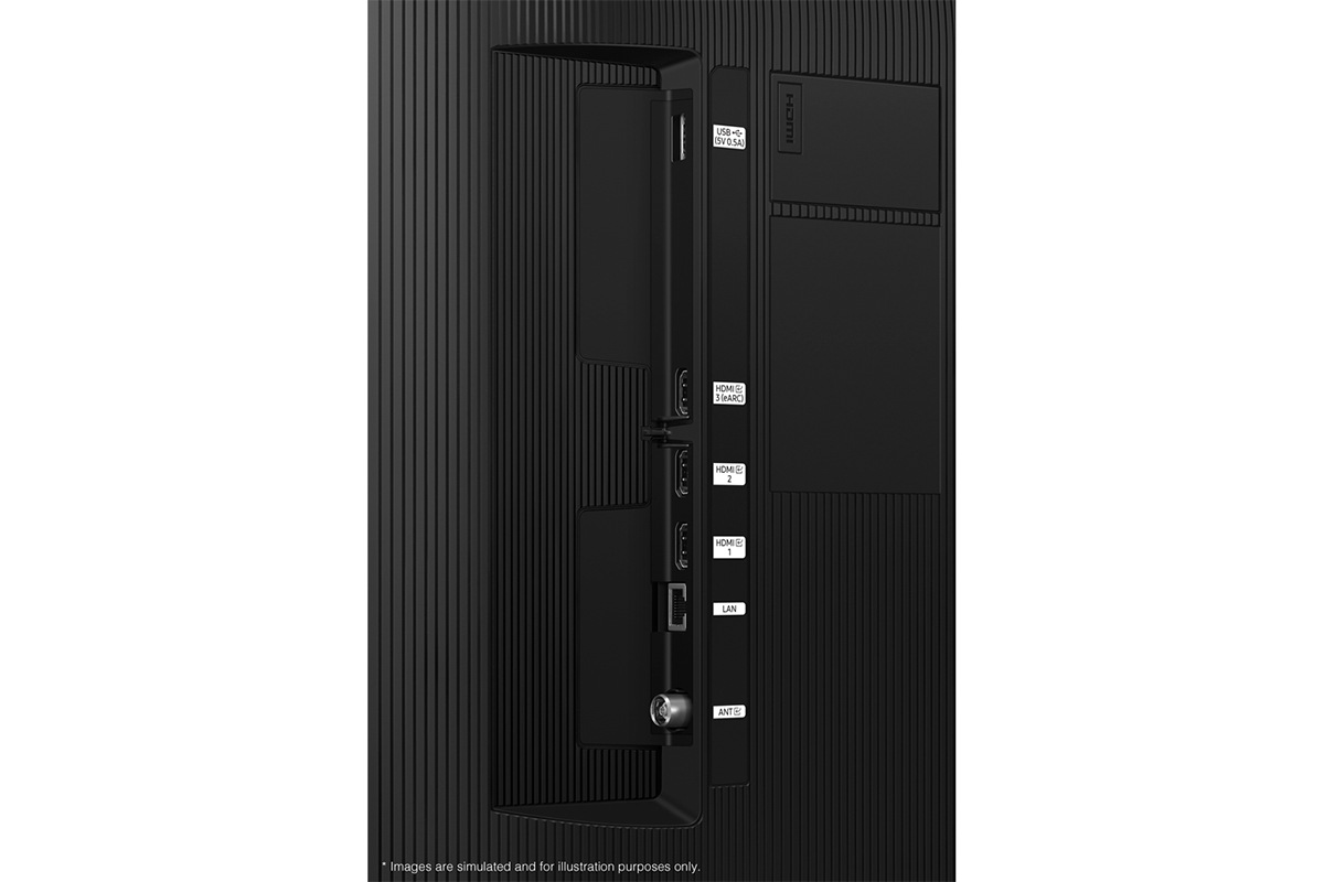 Samsung 2025 QLED Q7FA has USB, HDMI, LAN, antenna ports and etc. on the side.
