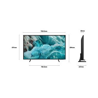 Dimension of Samsung QLED Q7F screen only (1120.3 x 647 x 60 mm). Height with Black Flat Feet Narrow Stand (694 mm). Dimension of Black Flat Feet Narrow Stand. (750.6 x 237 mm).