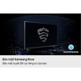 A multi-layered security solution is creating a dome-like enclosure behind a TV that's secured by Knox. The screen features the Samsung Knox emblem. The text Your privacy. Secured. Only on Samsung TV is on display on top. 