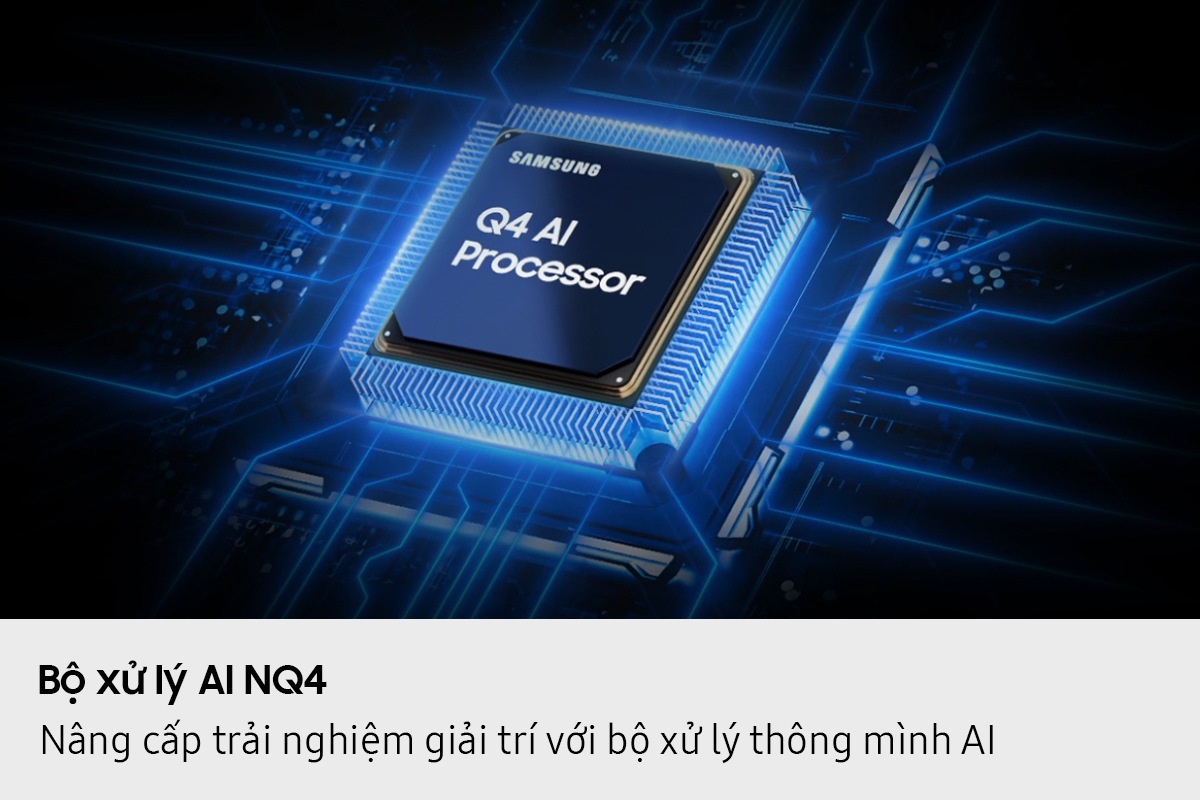 The Samsung Q4 AI Processor chip descends on the TV's main board and lights up with waves of power surging from the chip to the rest of the TV.