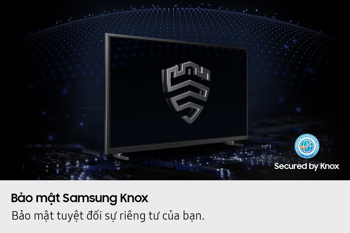 A multi-layered security solution is creating a dome-like enclosure behind a TV that's secured by Knox. The screen features the Samsung Knox emblem. The text Your privacy. Secured. Only on Samsung TV is on display on top. 