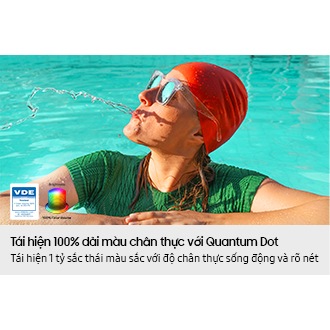 A scene of a woman in a pool spitting out water. Logo reads VDE 01/2025 Tested Color Volume 100% acc. to DCI-P3. www.VDEinfo.com. ID 40059611. Tested by VDE Germany. Another logo is made of stacked color wheels that represent Brightness. 
