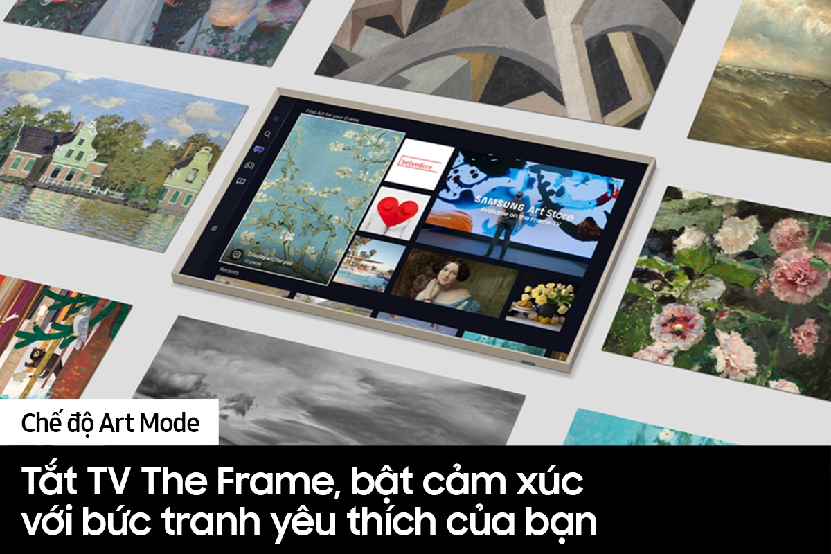 Chế độ Art Mode của Samsung 65 inch smart TV The Frame cho phép người dùng trưng bày các tác phẩm nghệ thuật khi tắt tivi, giúp không gian sống thêm sinh động.