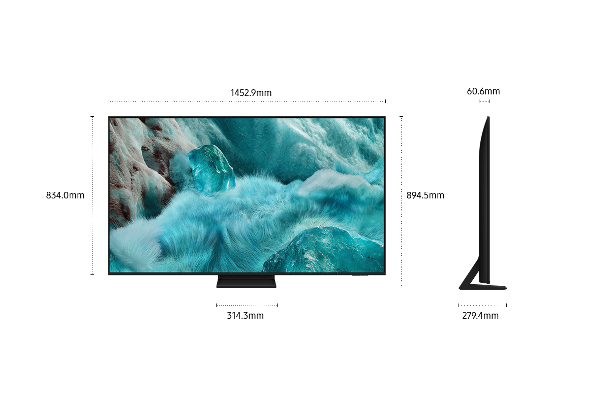 Dimension of Samsung QLED Q7F screen only (1234.1 x 710.8 x 60.3 mm). Height with Black Flat Feet Narrow Stand (765.3 mm). Dimension of Black Flat Feet Narrow Stand. (263.9 x 247.4 mm).