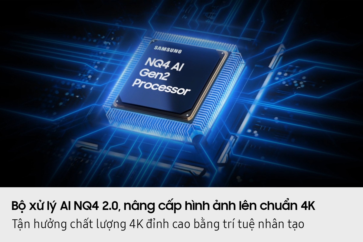 Samsung NQ4 AI Gen2 Processor chip descends on the TV's main board and lights up with waves of power surging from the chip to the rest of the TV.