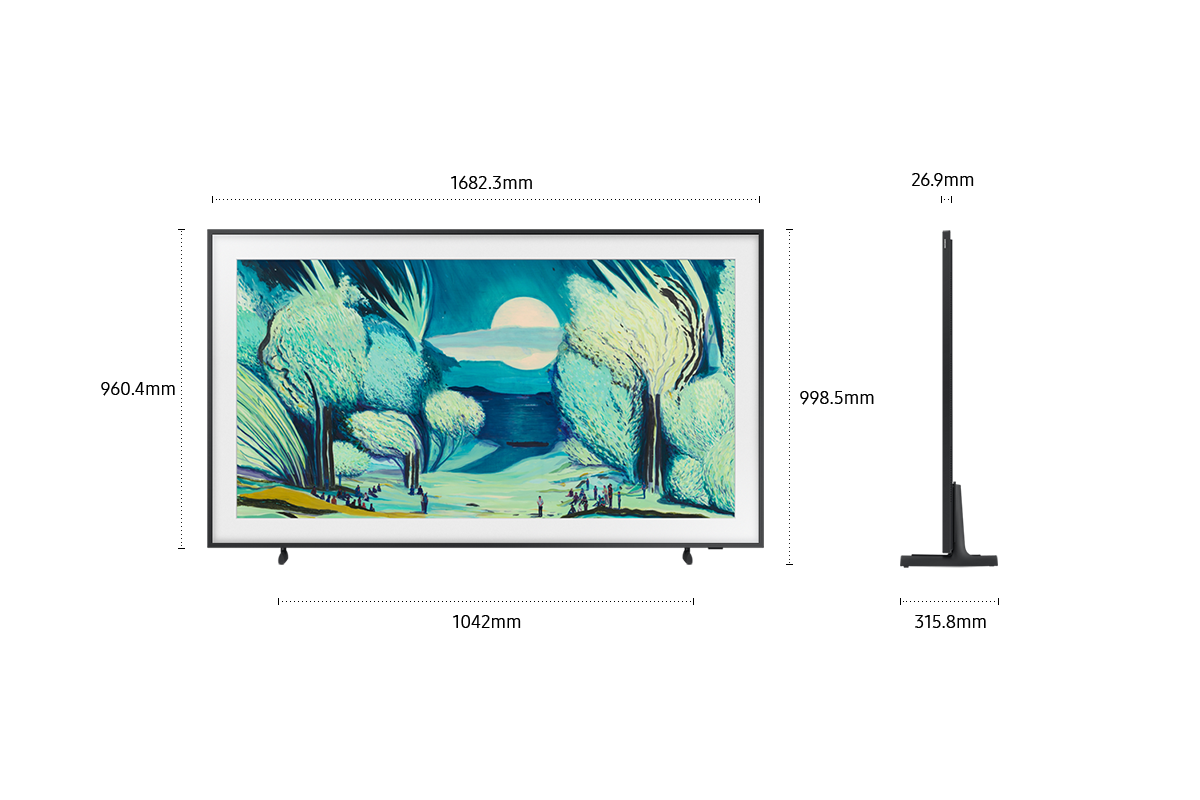 Dimension of Samsung The Frame LS03F screen only (## x ## x ## mm). Height with Simple Black Stand (## mm). Dimension of Simple Black Stand. (## x ## mm).