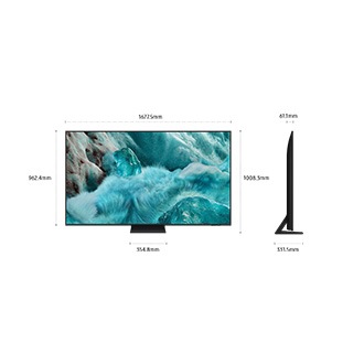 Dimension of Samsung QLED Q7F screen only (1677.5 x 962.4 x 61.1 mm). Height with Black Flat Feet Narrow Stand (1008.3 mm). Dimension of Black Flat Feet Narrow Stand. (354.8 x 331.5 mm).