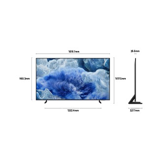 Dimension of Samsung QLED Q8F screen only (1676.7 x 960.3 x 26.6 mm). Height with Black Aero Linear Stand (1017.5 mm). Dimension of  Black Aero Linear Stand (1253.4 x 327.7 mm).