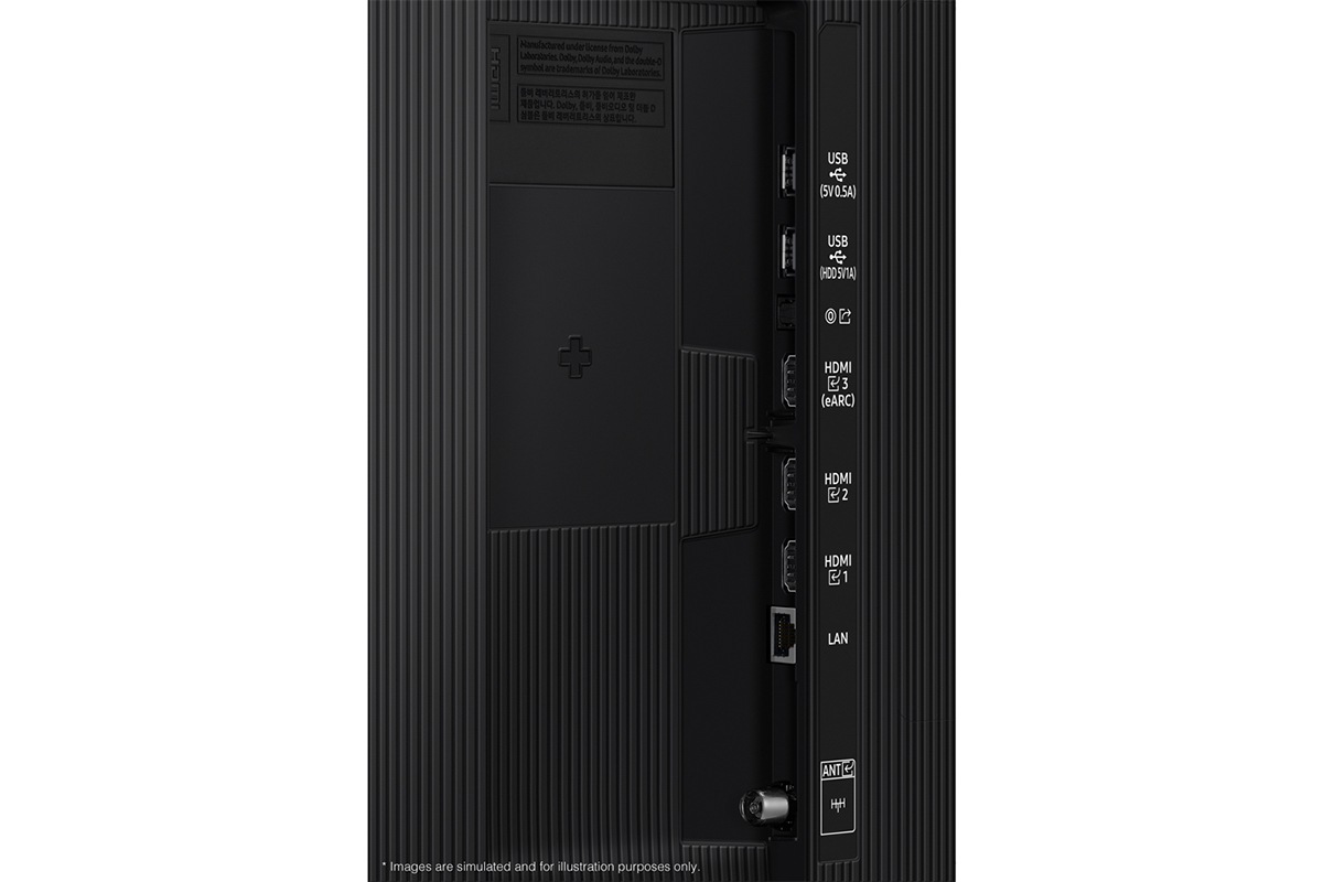 Samsung 2025 QLED Q8FA has USB, HDMI, LAN, antenna ports and etc. on the side.