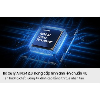 Samsung NQ4 AI Gen2 Processor chip descends on the TV's main board and lights up with waves of power surging from the chip to the rest of the TV.