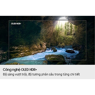 A scene in nature is highlighted at the center in the outline of a TV screen, showing how "OLED HDR+" reveals bright highlights and hidden details in the scene.