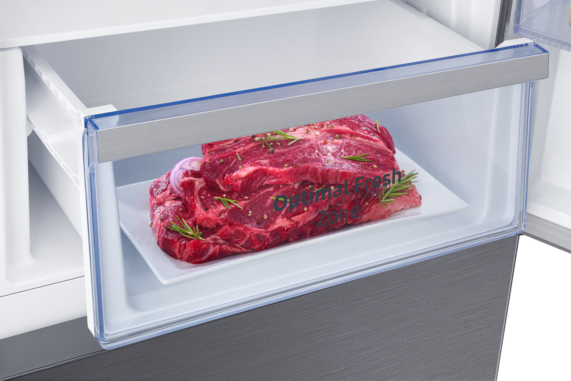 Tủ Lạnh Ngăn Đông Dưới Ngăn Đông Mềm Optimal Fresh Zone 285 L Power-Cooling-Zone-Fulled-Out-with-Food Silver 