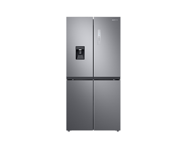 Mặt trước tủ lạnh Samsung RF48A4010M9 SV với thiết kế đa cửa độc lập, linh hoạt; lớp bề mặt bằng thép cao cấp, bền vững cùng ngăn chứa nước ngoài