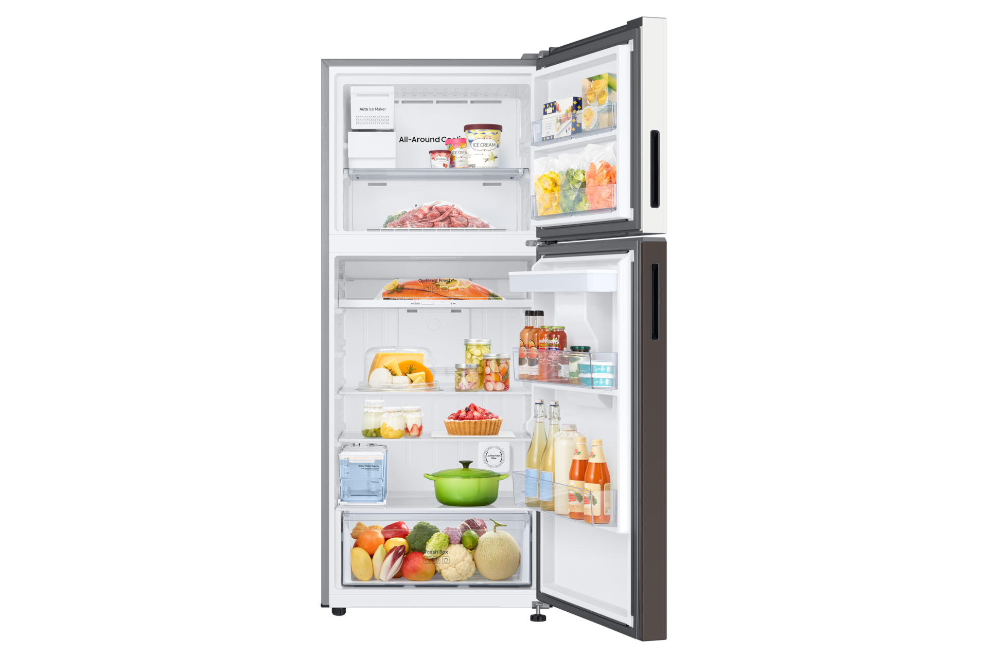 Bespoke AI Tủ Lạnh Ngăn Đông Trên Thiết Kế Độc Bản 382 L Front-Open-With-Food Clean White&Cotta Charcoal 