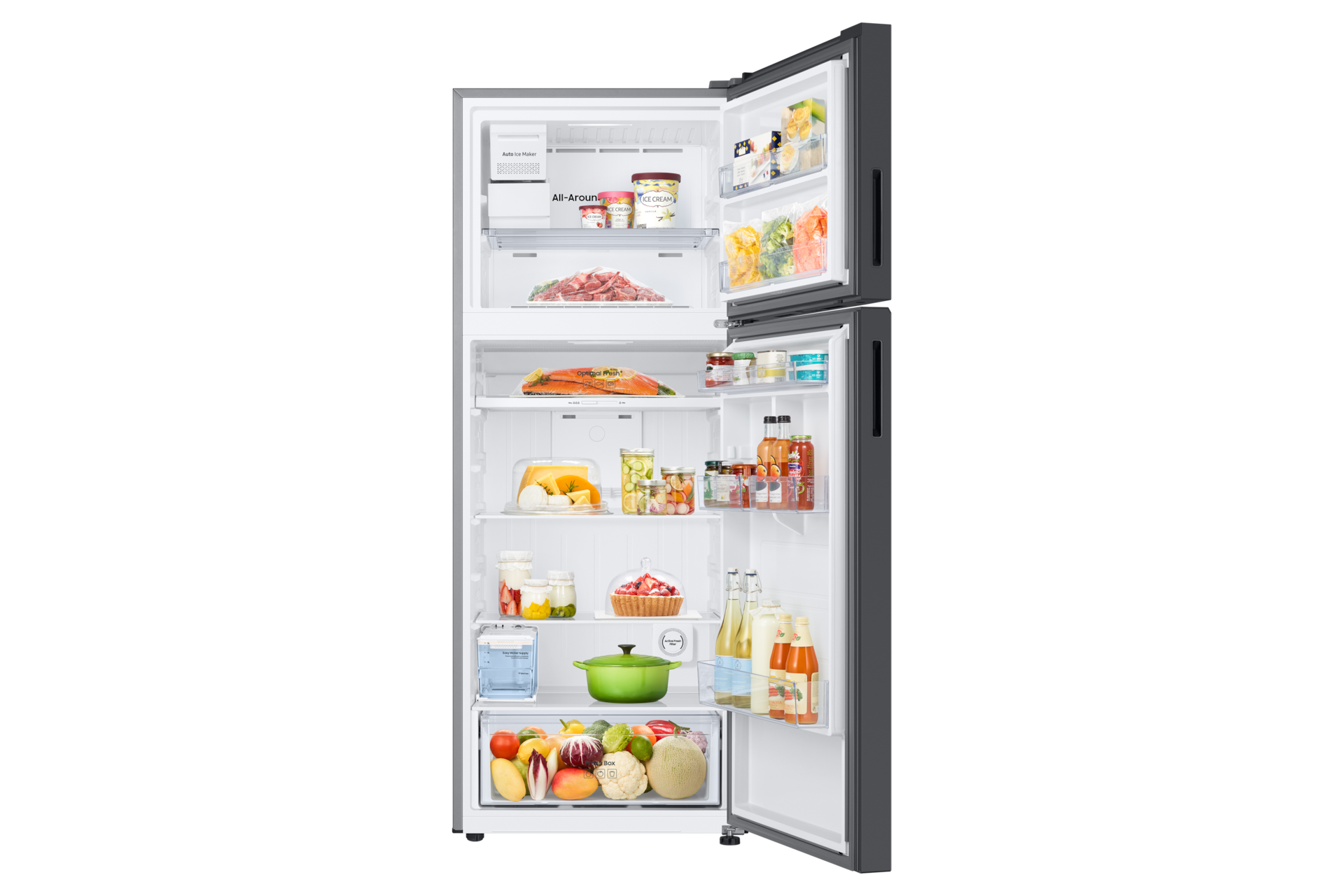 Bespoke AI Tủ Lạnh Ngăn Đông Trên Thiết Kế Độc Bản 460 L Front-Open-With-Food Clean White&Clean Navy 