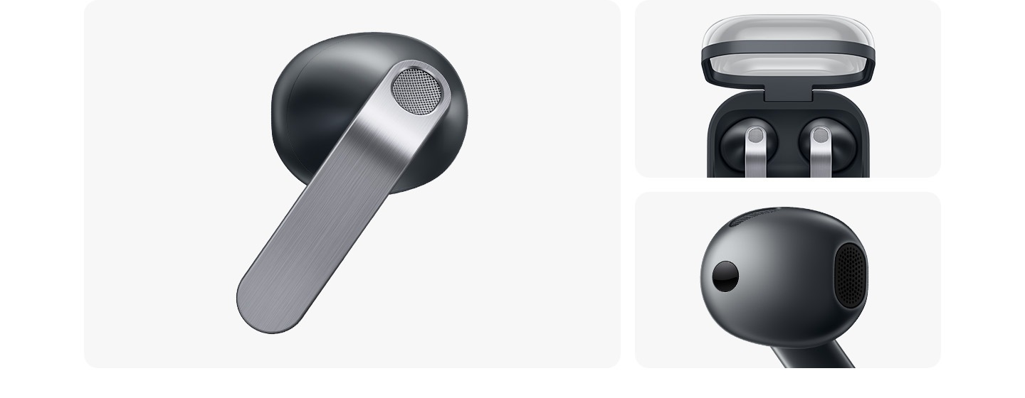 Bên trái là một chiếc tai nghe Galaxy Buds4 màu đen với điểm nhấn là phần thân tai nghe bằng kim loại. Phía trên bên phải là một cặp tai nghe Galaxy Buds4 màu đen được đặt trong Hộp Sạc mở nắp. Phía dưới bên phải là hình ảnh cận cảnh một chiếc tai nghe Galaxy Buds4 màu đen.