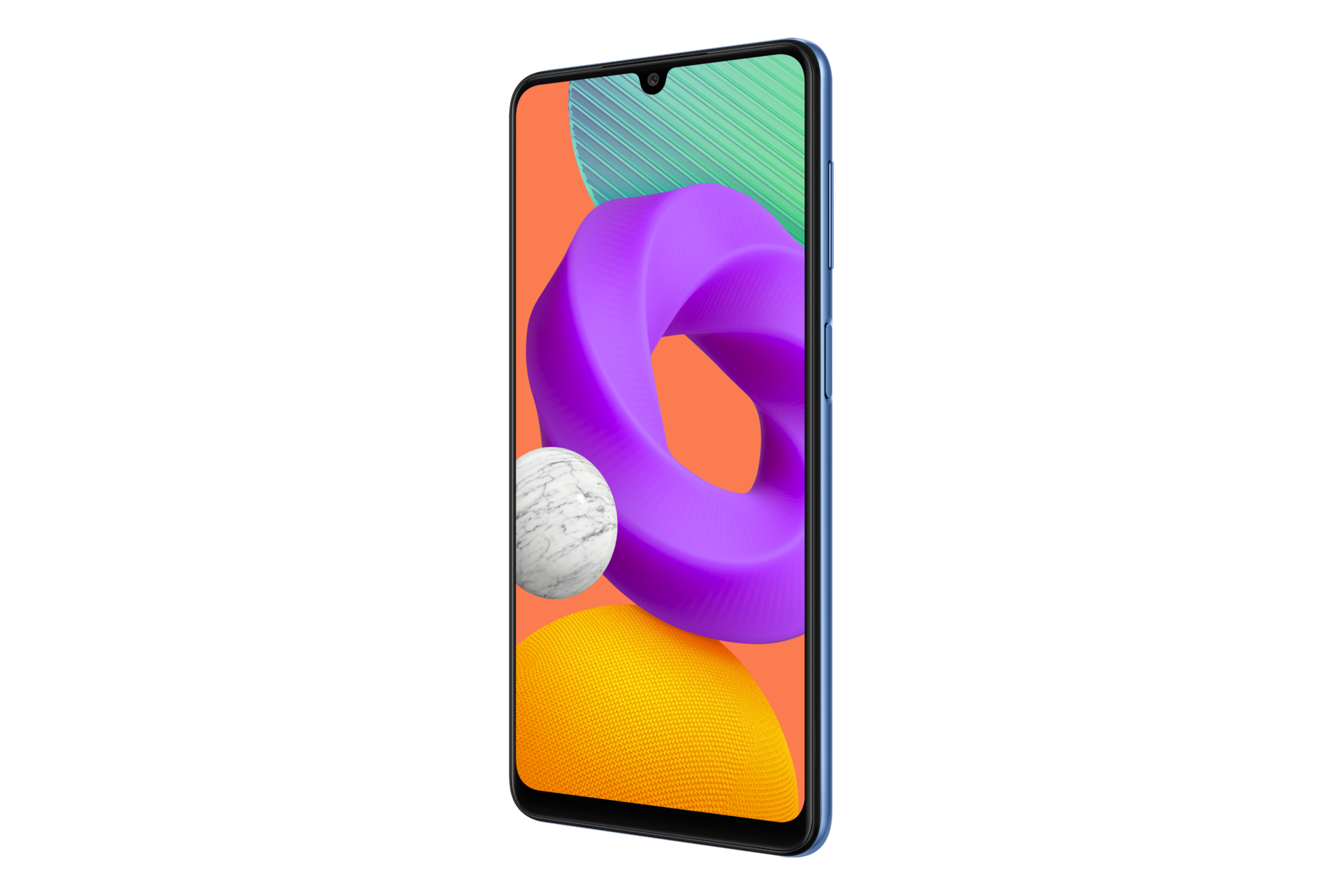 Điện thoại Samsung Galaxy M22 mặt trước góc nghiêng phải 30 độ.  Tham khảo giá đt Samsung M22 cực tốt tại Samsung VN