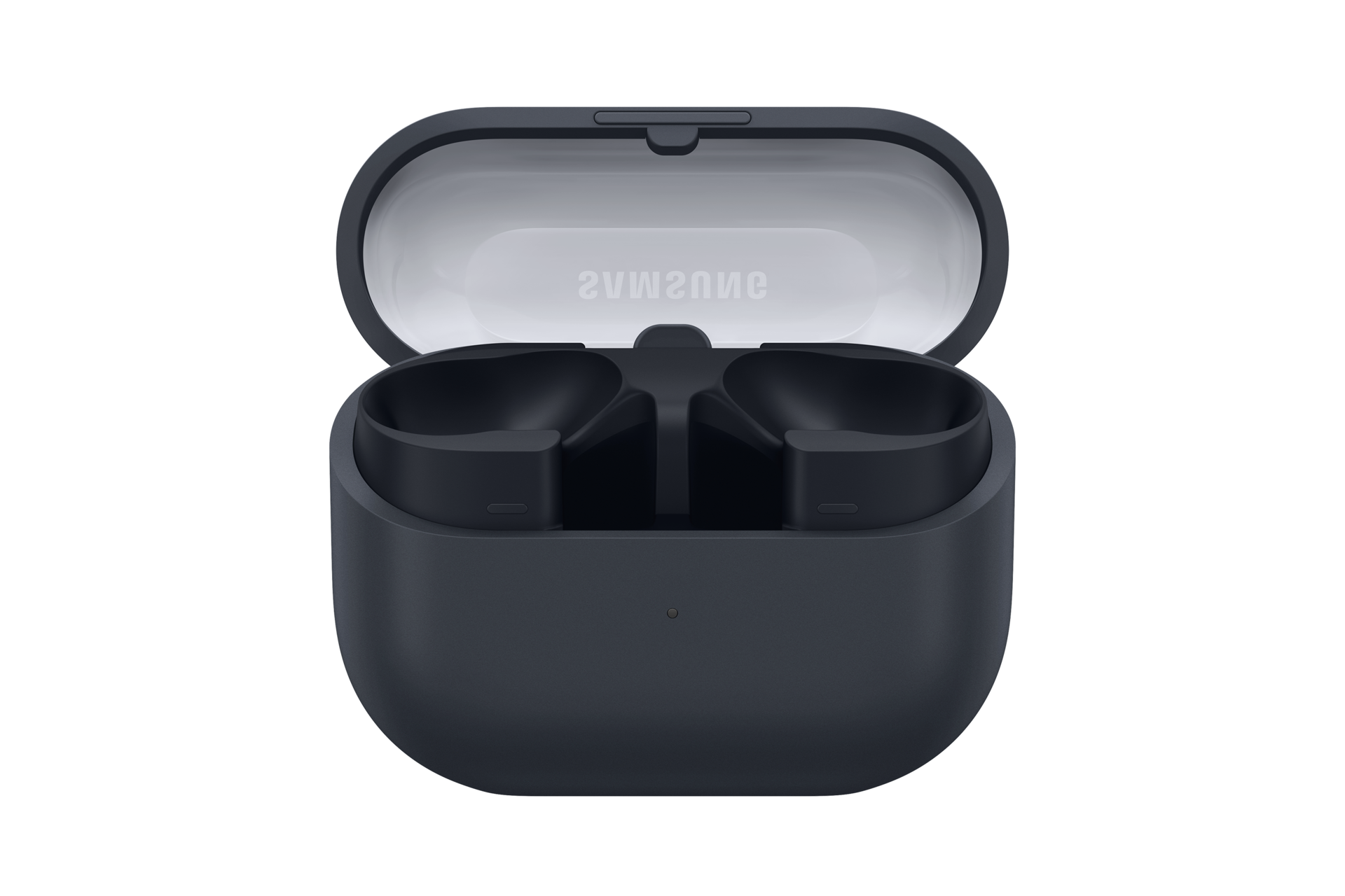 Hình ảnh hiển thị một hộp sạc màu đen bóng bẩy cho Samsung Galaxy Buds3 FE, được mở ra để cho thấy hai tai nghe Buds3 FE bên trong. Hộp sành điệu này có bề mặt mờ, một đèn báo nhỏ ở mặt trước và một nội thất màu trắng tương phản.
