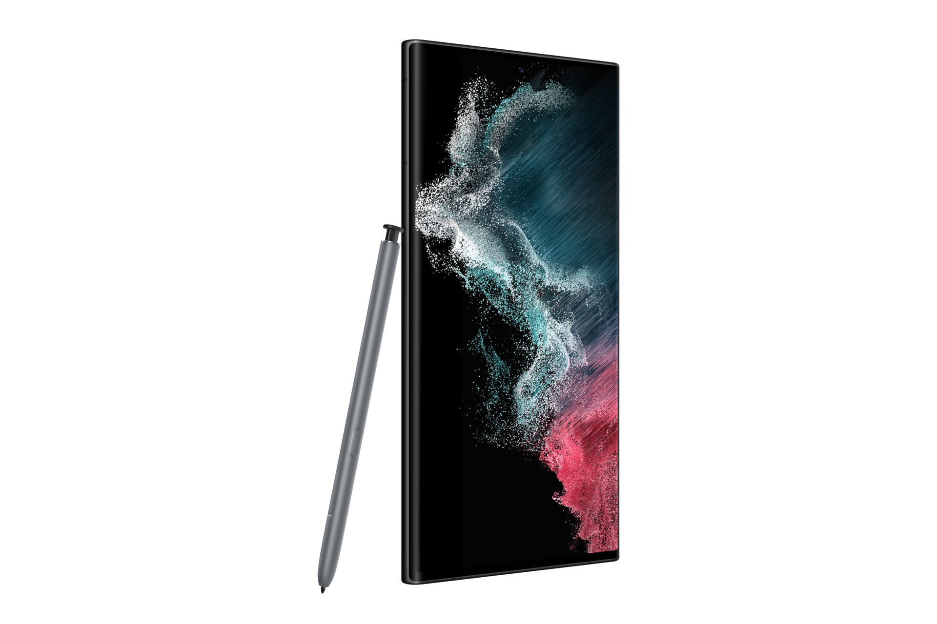 Mặt nghiêng trái 30 độ của Samsung S22 Ultra Graphite 5G màn hình Dynamic AMOLED 2X, tần số quét 120Hz cùng bút S Pen cải tiến