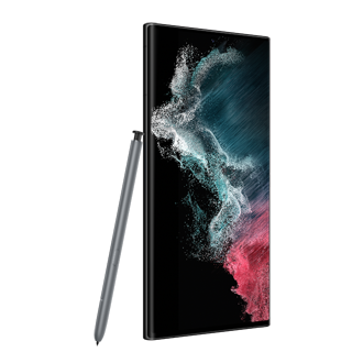Mặt nghiêng trái 30 độ của Samsung S22 Ultra Graphite 5G màn hình Dynamic AMOLED 2X, tần số quét 120Hz cùng bút S Pen cải tiến
