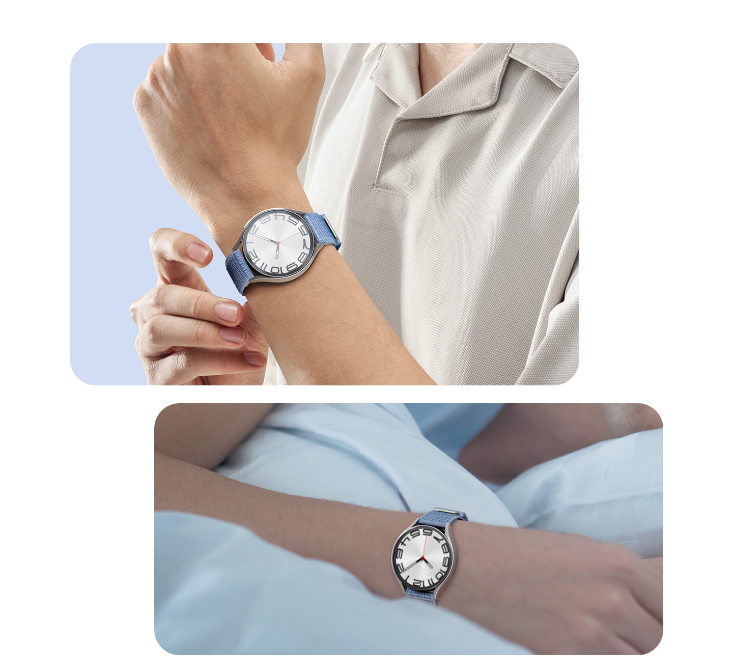 A person in a casual outfit is buckling up a wide Fabric Band attached to a Galaxy Watch6 device. A person is lying snug in bed while wearing a Galaxy Watch6 strapped with a wide Fabric Band.