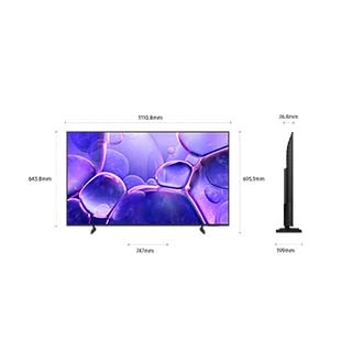 Dimension of Samsung Crystal UHD U8000F screen only (1110.8 x 643.8 x 76.4 mm). Height with Black Basic feet Stand (695.1 mm). Dimension of Black Basic feet Stand. (747 x 199 mm).