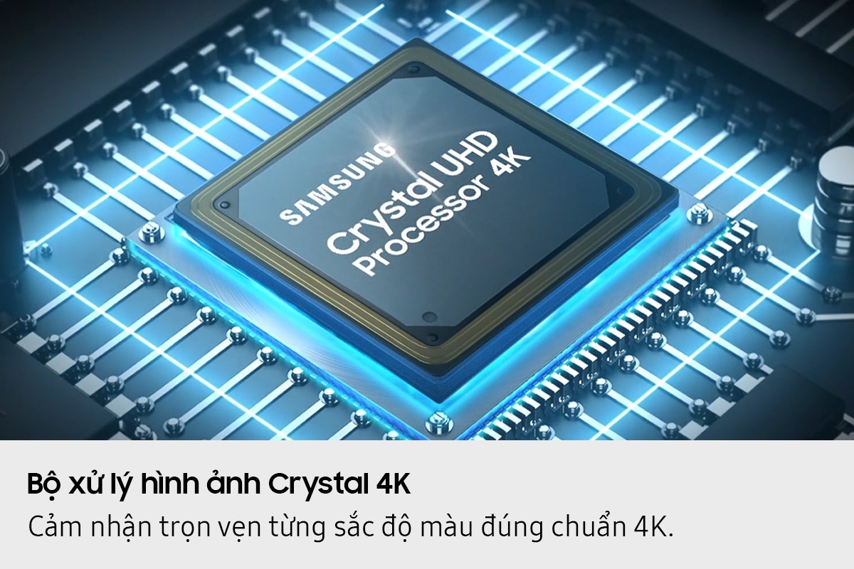 A Samsung Crystal UHD Processor 4K chip is laid out on a TV's main board with glowing power lines.