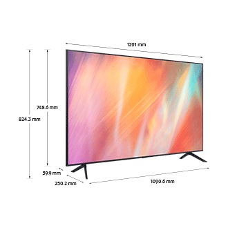Kích thước của TV UHD (1291 x 824.3 x 250.2 mm) Crystal AU7000 của Samsung với chân đế màu xám