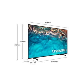 Kích thuớc của Samsung Crystal UHD TV BU8000 (1353 x 814.7 x 281.8 mm) và chân đế đen