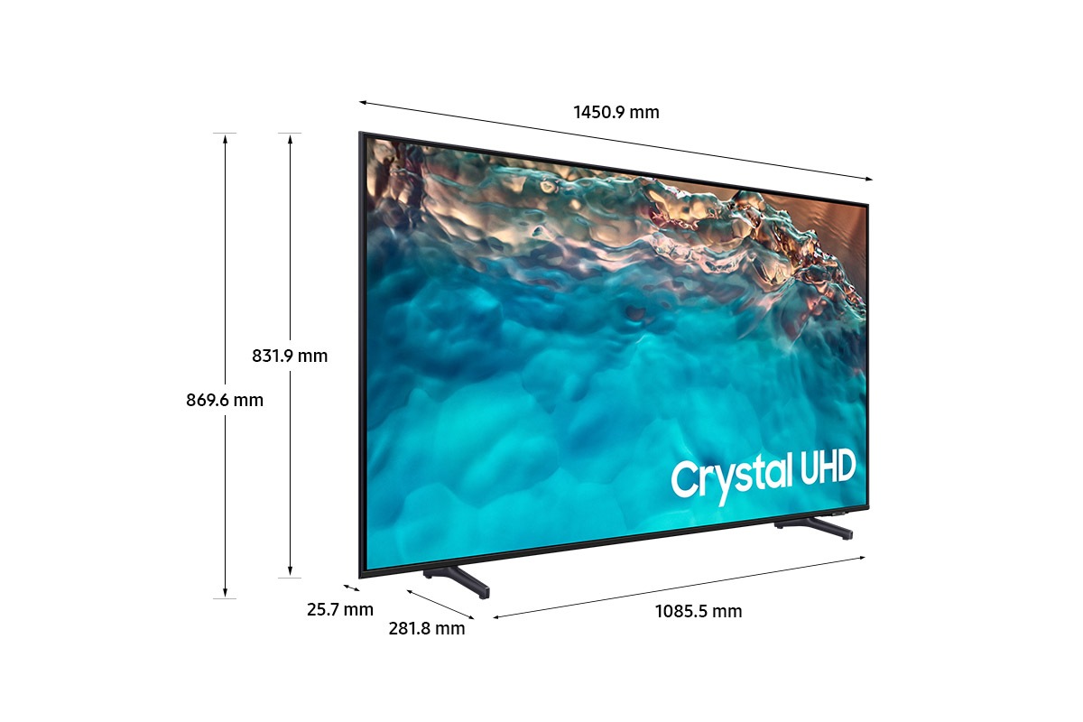 Kích thuớc của Samsung Crystal UHD TV BU8000 (1450.9 x 869.6 x 281.8 mm) và chân đế đen
