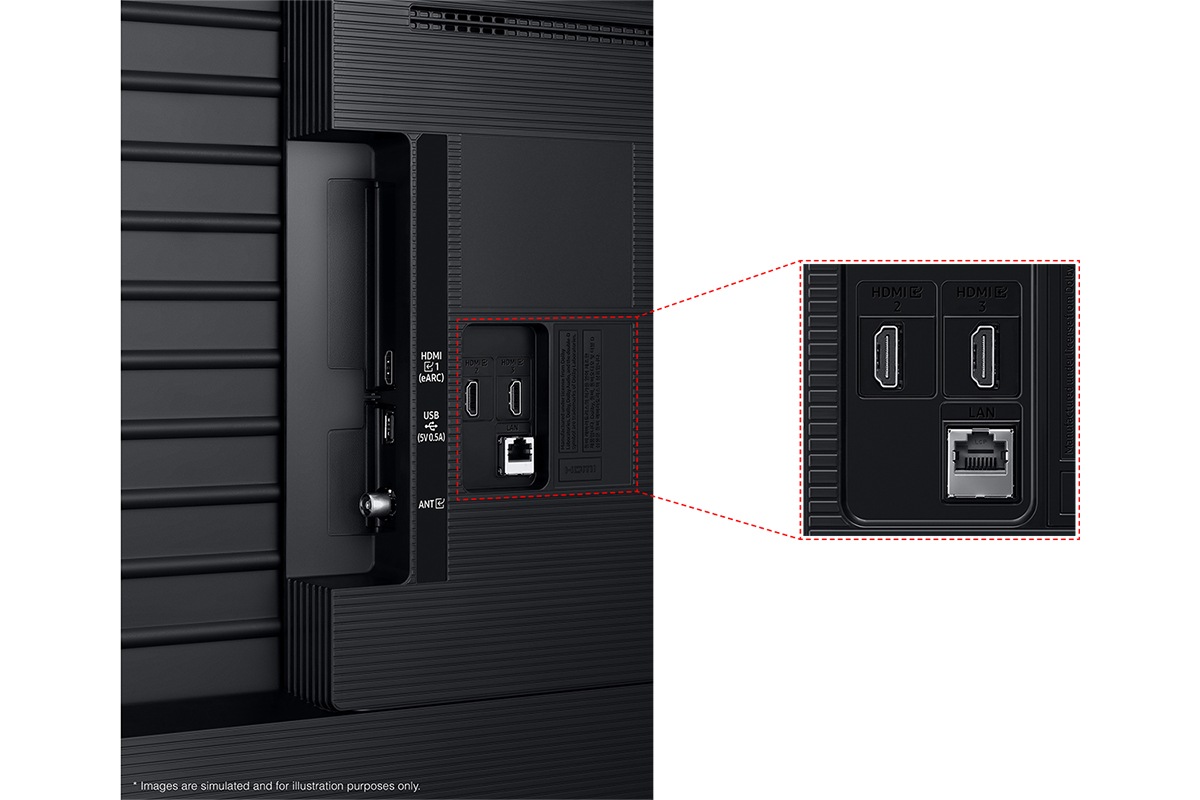 Samsung 2025 UHD U8000F has USB, HDMI, LAN, atenna ports and etc. on the side.