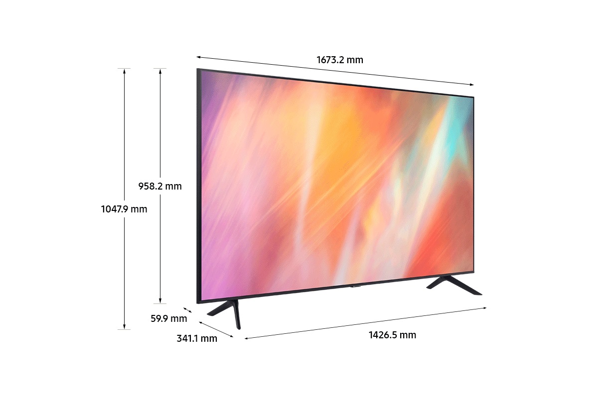 Kích thước của tv 75 inch Samsung UHD (1673.2 x 1047.9 x 341.1 mm) Crystal AU7000 với chân đế màu xám.