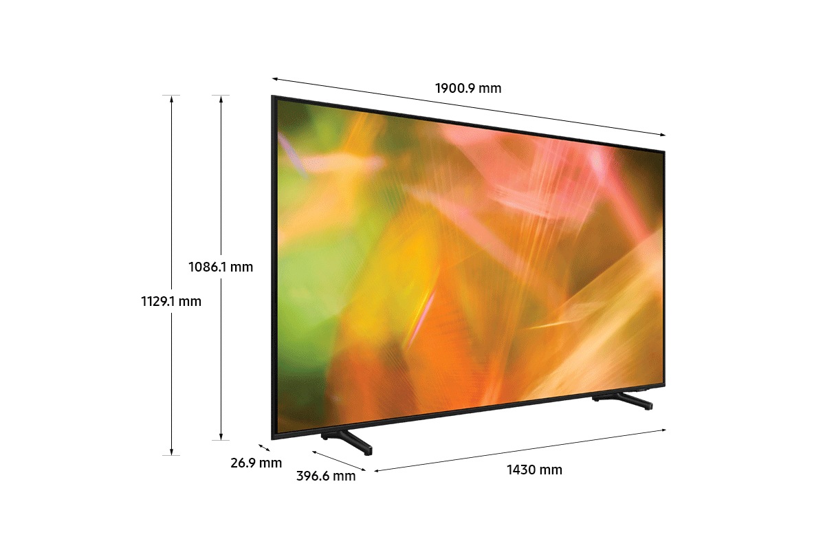 Kích thước của TV UHD Crystal (1900.9 x 1129.1 x 396.6 mm) AU8000 của Samsung với đế màu đen