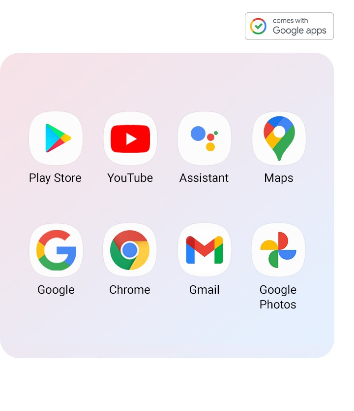 Google apps supported on Galaxy A02s are aligned (Play Store, YouTube, Assistant, Maps, Google, Chrome, Gmail, Google Photos)