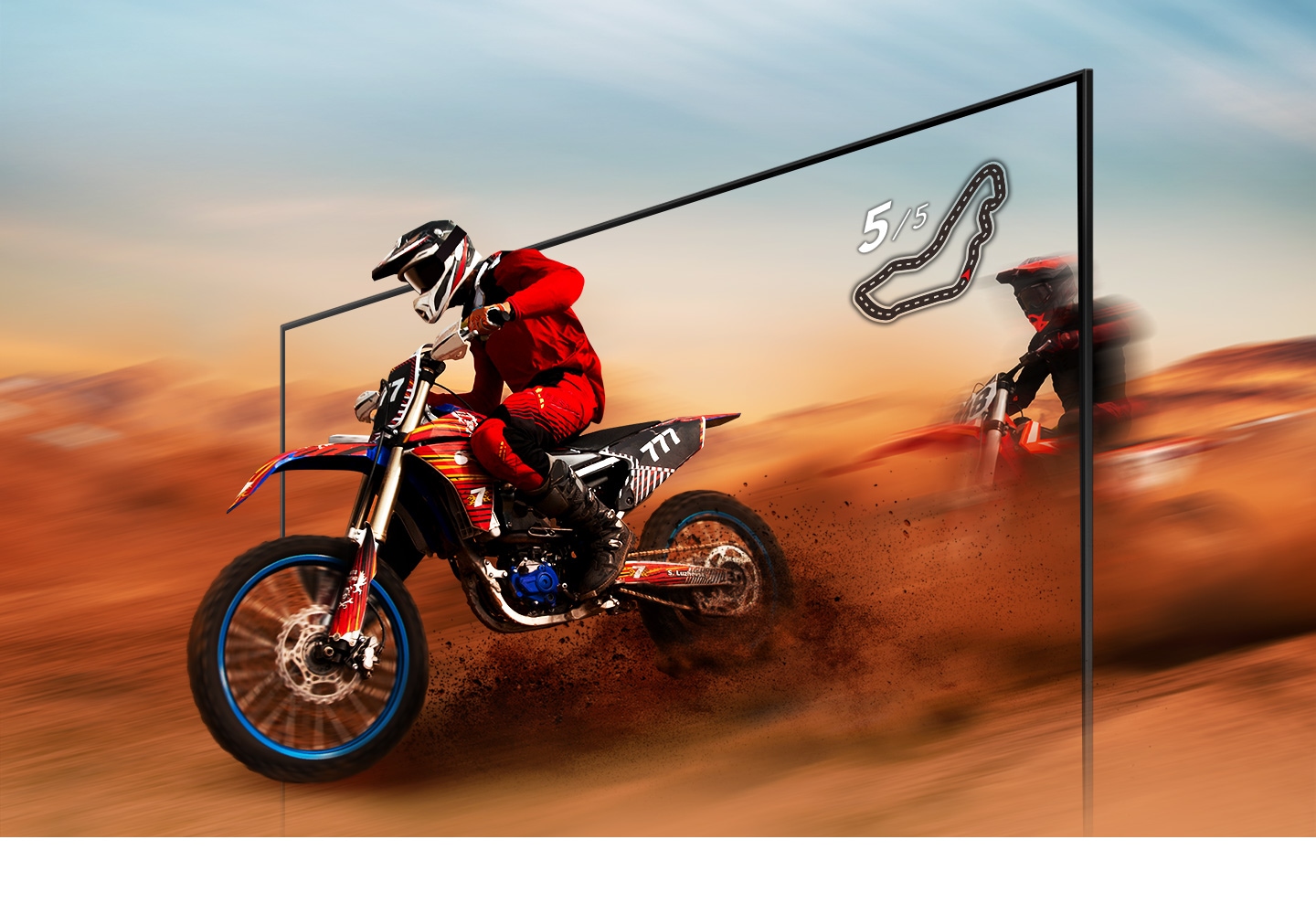 A dirt bike racer looks clear and visible inside the UHD TV screen because of UHD TV motion xcelerator technology.