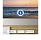 A microphone icon overlays a beach sunset TV screen image, demonstrating QLED TV voice assistant feature.