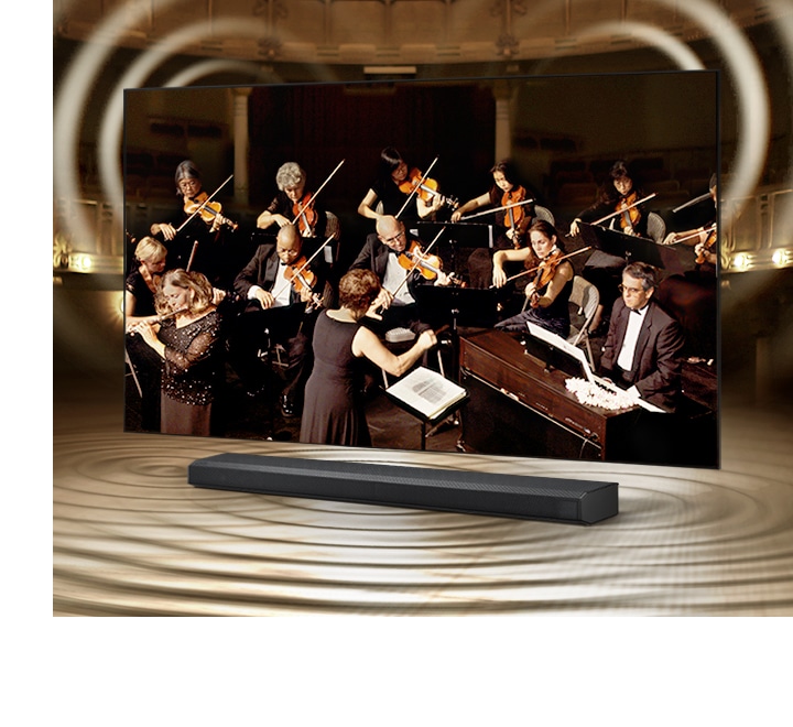 Simulated sound wave graphics from TV and soundbar demonstrate Q Symphony technology as they play sound together.