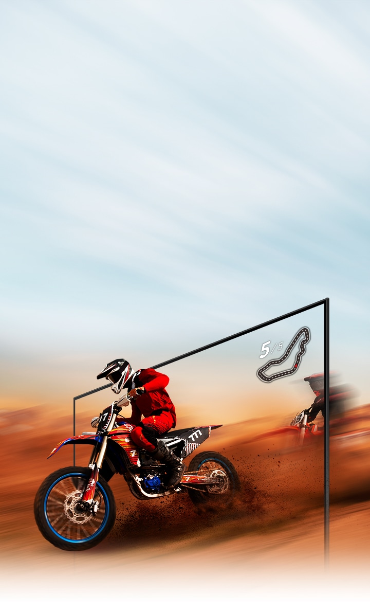 A dirt bike racer looks clear and visible inside the QLED TV screen because of QLED TV motion xcelerator technology.