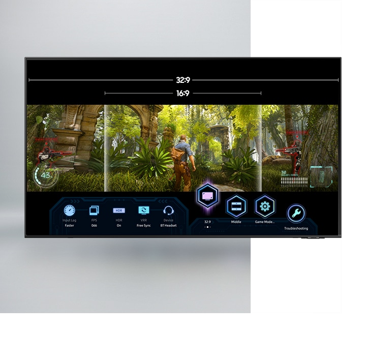 QLED TV 32:9 and 16:9 aspect ratio options of super ultrawide gameview which are being accessed during video game gameplay through QLED TV Game Bar which allows more in-game controls of various settings.