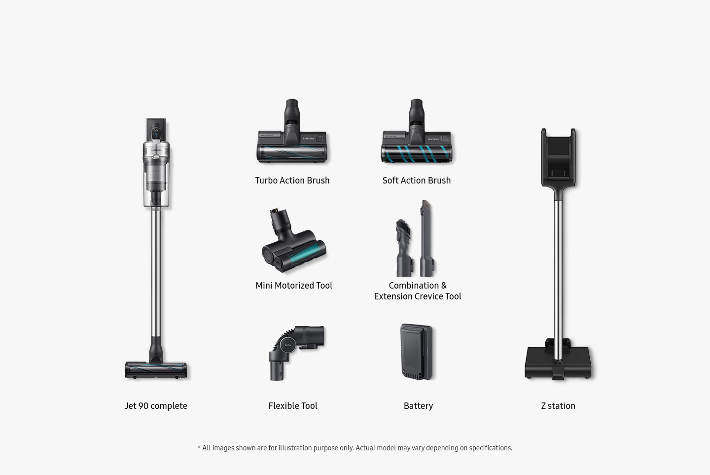 Items included inbox shown: Jet 90 complete, turbo action brush, soft action brush, mini motorized tool, combination & extension crevice tool, flexible tool, battery and z station.* All images shown are for illustration purpose only. Actual model may vary depending on specifications.