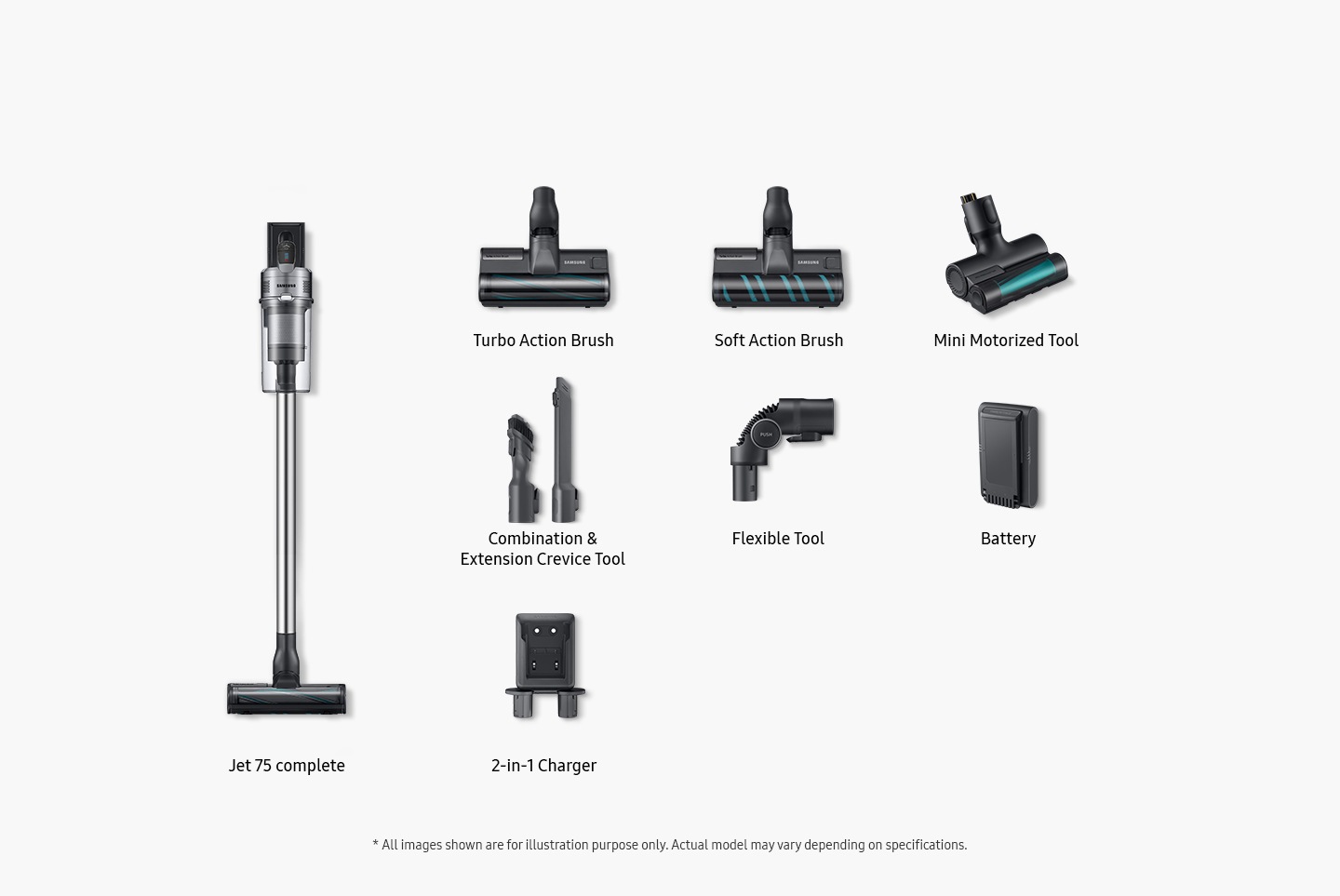 Items included inbox shown: Jet 75 complete, turbo action brush, soft action brush, mini motorized tool, combination & extension crevice tool, flexible tool, battery and 2-in-1 charger.* All images shown are for illustration purpose only. Actual model may vary depending on specifications.