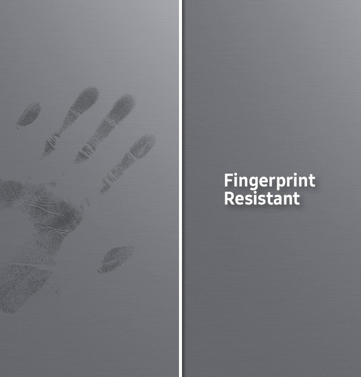 On the left is an image showing fingerprints on a surface, while on the right is the fingerprint-resistant RF5000A. Samsung 470 Liter French Door Refrigerator - RF49A5202SL